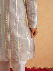 Men's Georgette sequinned mirror embroidered Grey Kurta