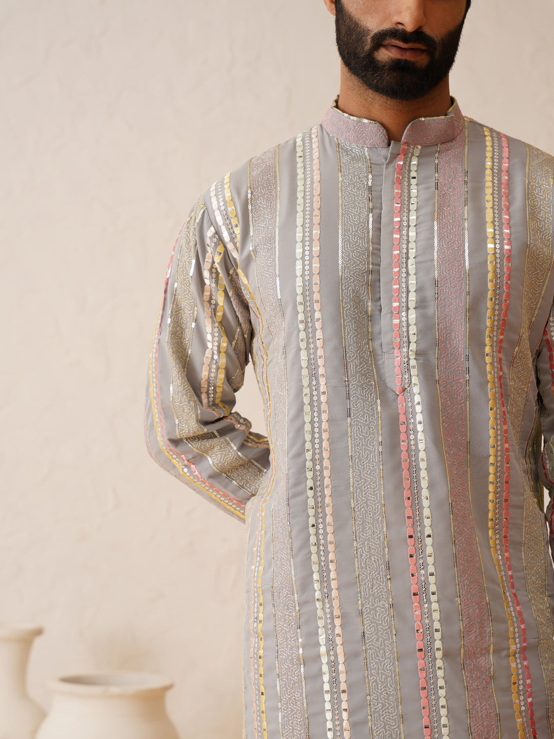 Men's Georgette sequinned mirror embroidered Grey Kurta with Pyjama