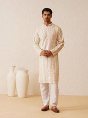 Men's Georgette sequinned mirror embroidered Off White Kurta with Pyjama