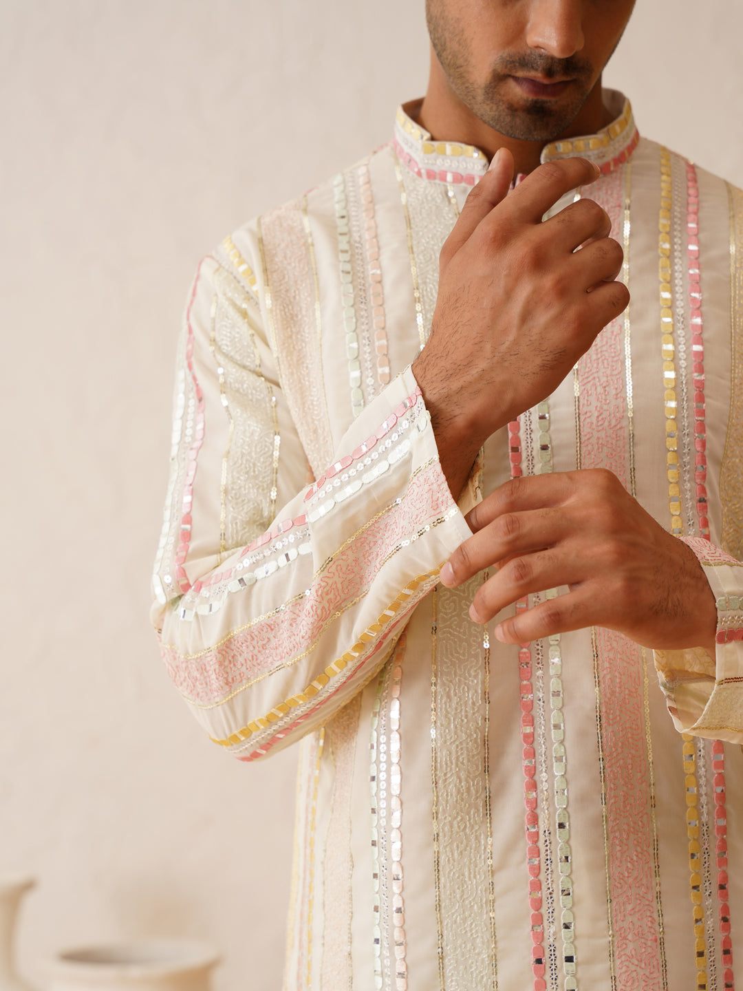 Men's Georgette sequinned mirror embroidered Off White Kurta with Pyjama