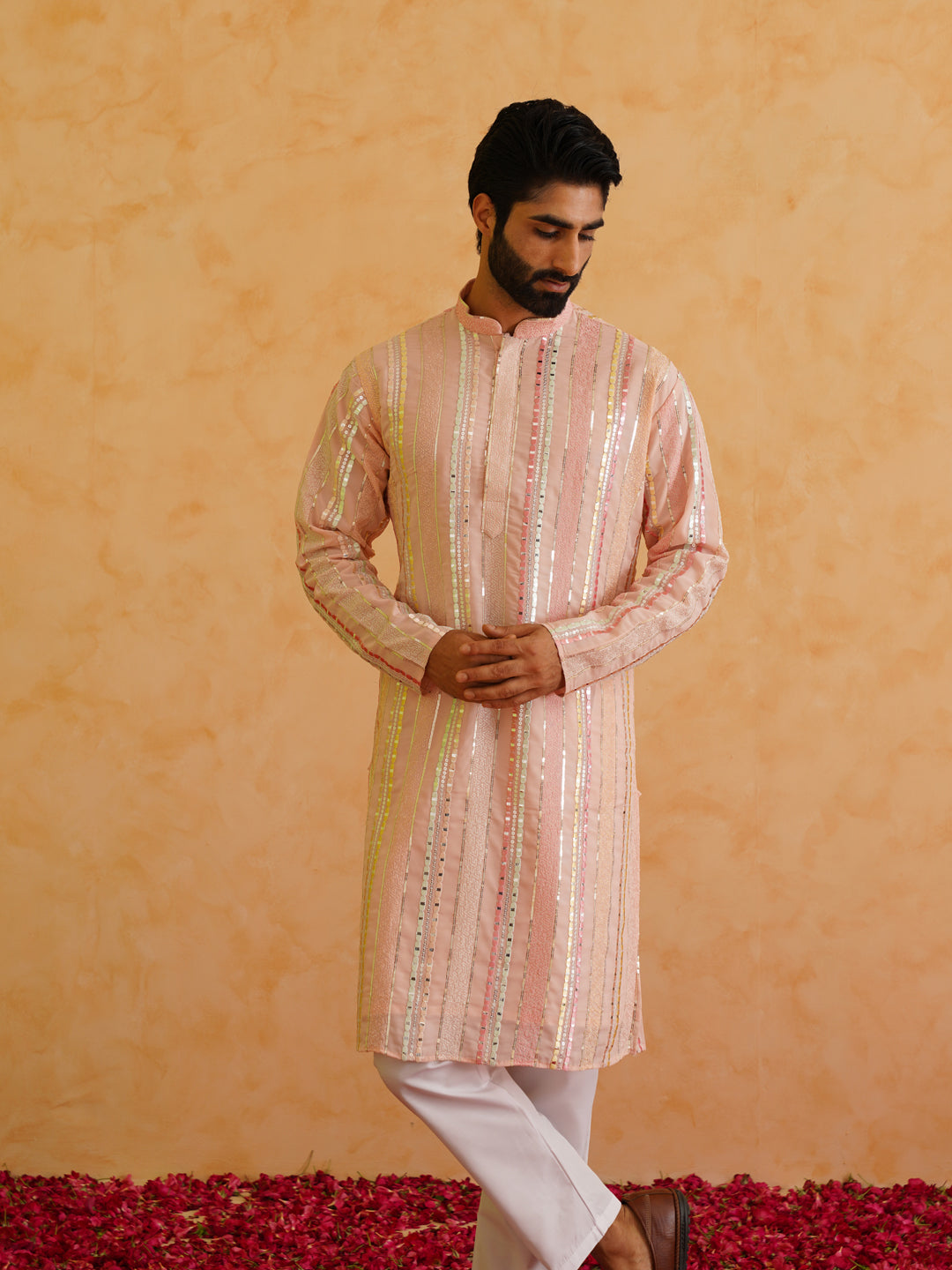 Men's Georgette sequinned mirror embroidered Pink Kurta