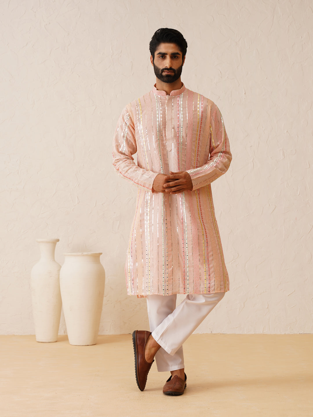 Men's Georgette sequinned mirror embroidered Pink Kurta with Pyjama