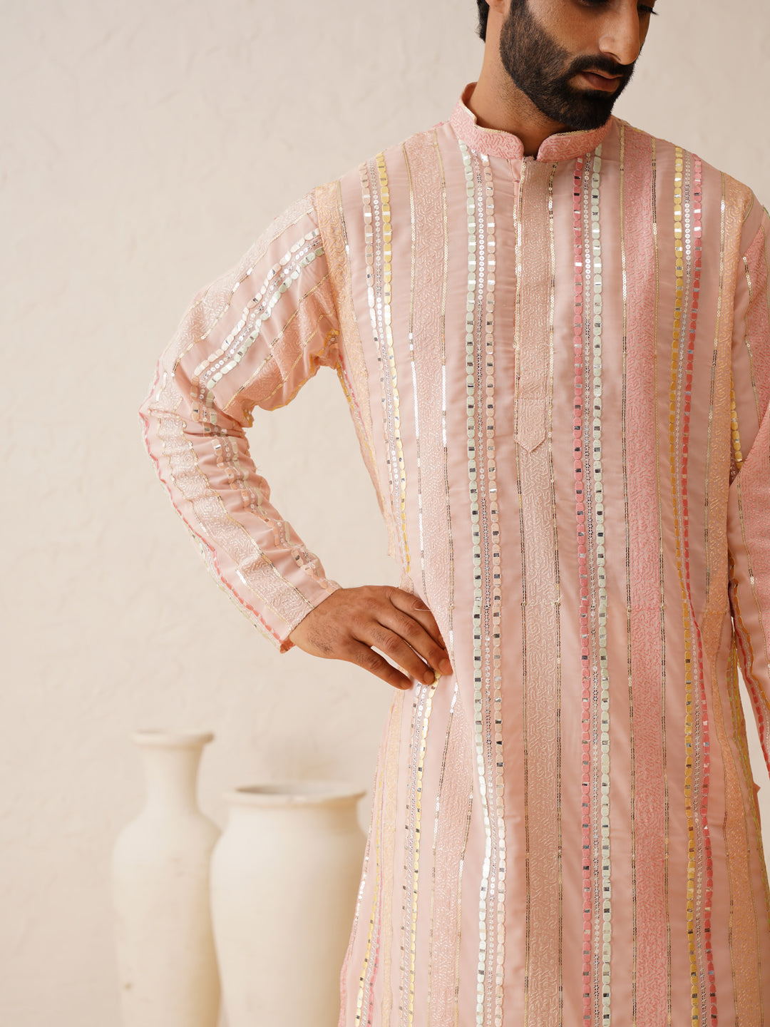 Men's Georgette sequinned mirror embroidered Pink Kurta with Pyjama