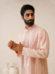 Men's Georgette sequinned mirror embroidered Pink Kurta with Pyjama