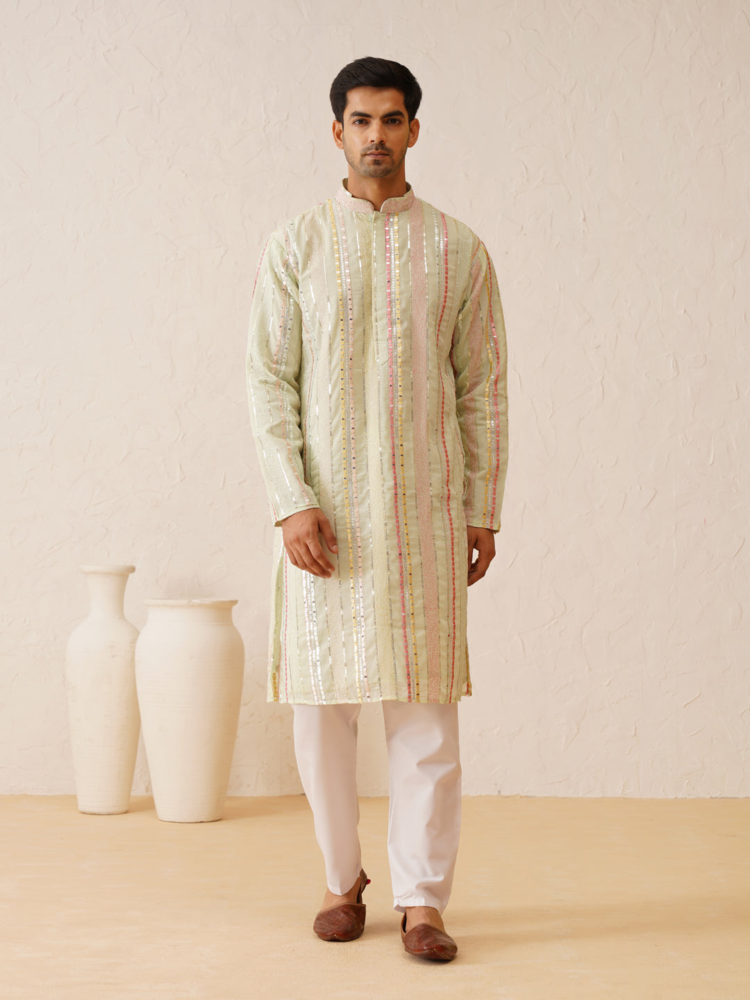 Men's Georgette sequinned mirror embroidered Lime Green Kurta with Pyjama