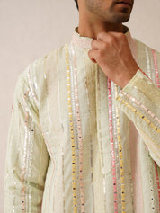 Men's Georgette sequinned mirror embroidered Lime Green Kurta with Pyjama