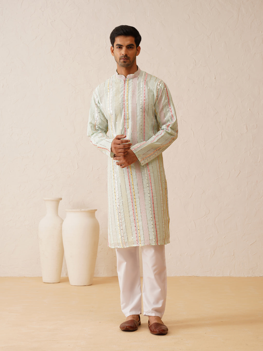 Men's Georgette sequinned mirror embroidered Sea Green Kurta with Pyjama