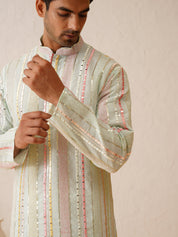 Men's Georgette sequinned mirror embroidered Sea Green Kurta with Pyjama