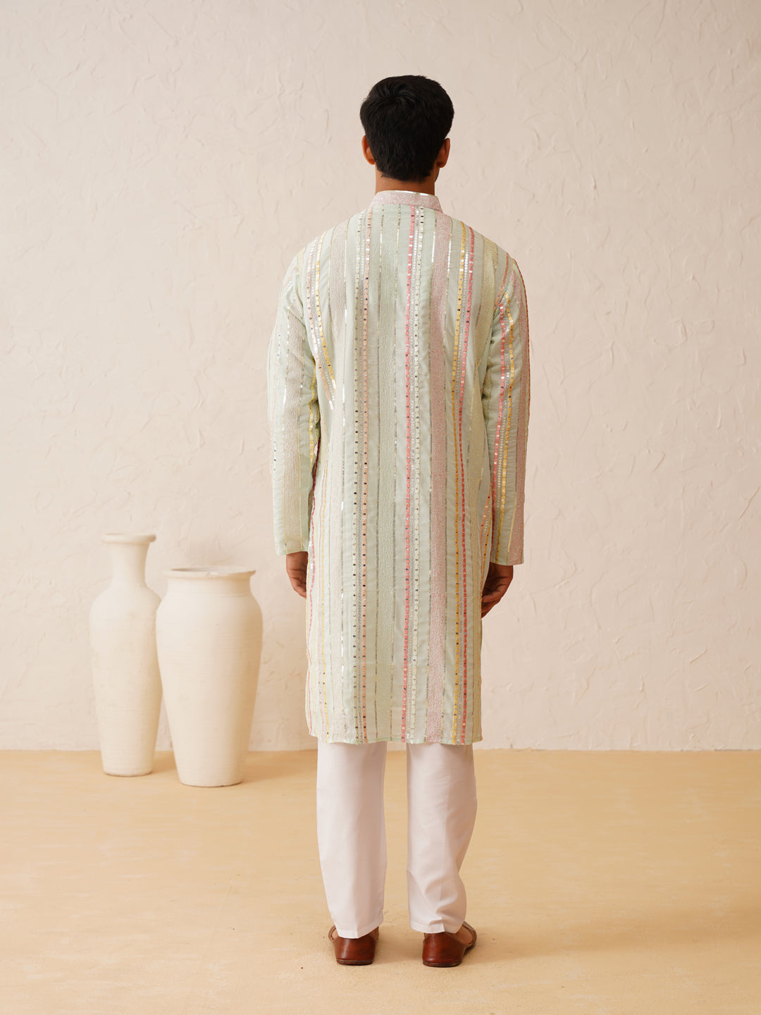 Men's Georgette sequinned mirror embroidered Sea Green Kurta with Pyjama