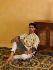 Men's Cotton Sequinned Embroidered Beige & Black ombre Kurta