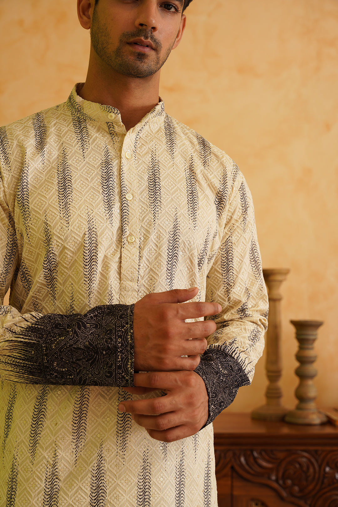 Men's Cotton Sequinned Embroidered Beige & Black ombre Kurta