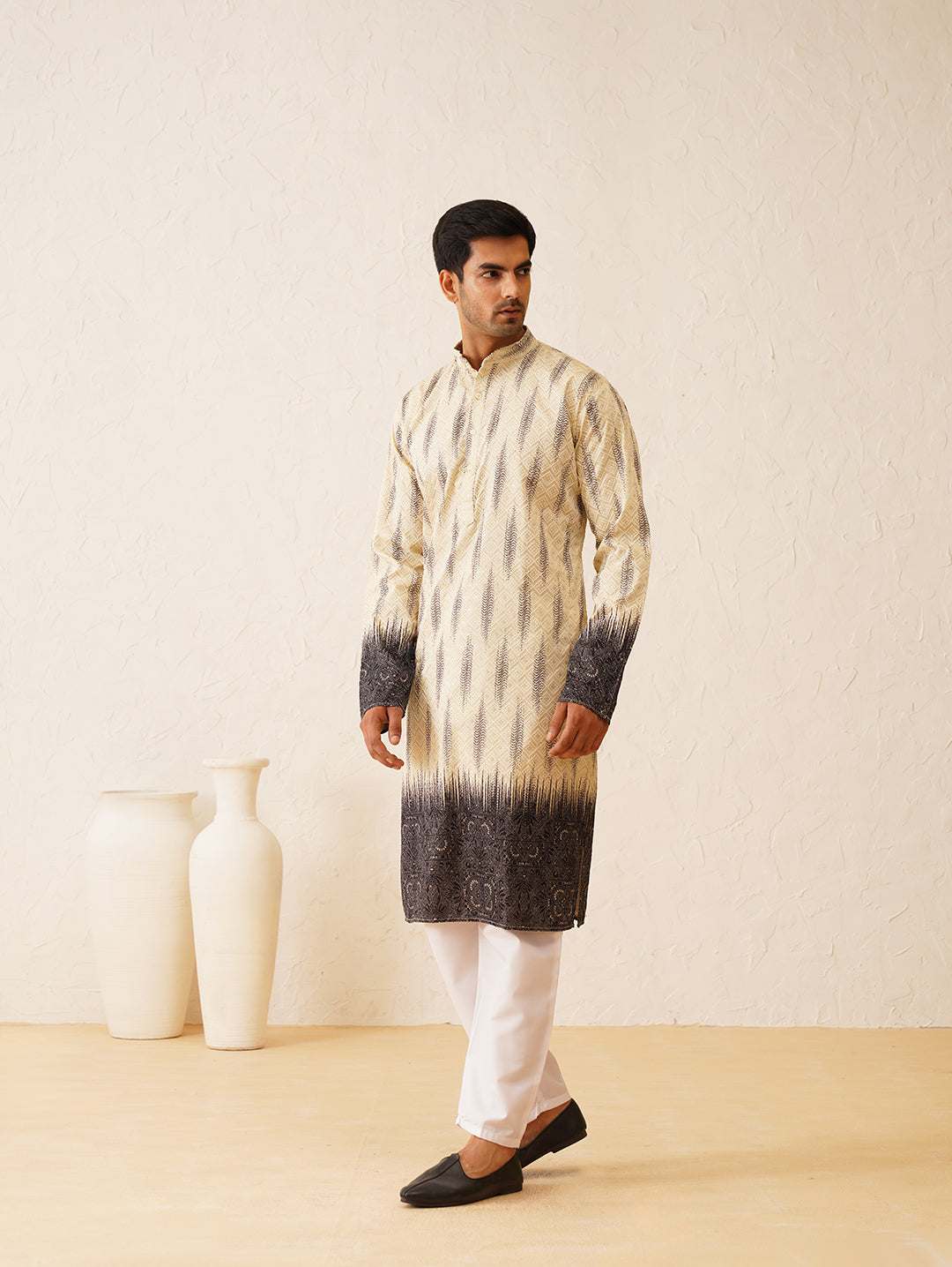 Men's Cotton Sequinned Embroidered Beige & Black ombre Kurta with Pyjama