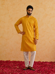 Men's Cotton Silk Mustard Kurta with premium panel embroidery