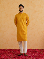 Men's Cotton Silk Mustard Kurta with premium panel embroidery