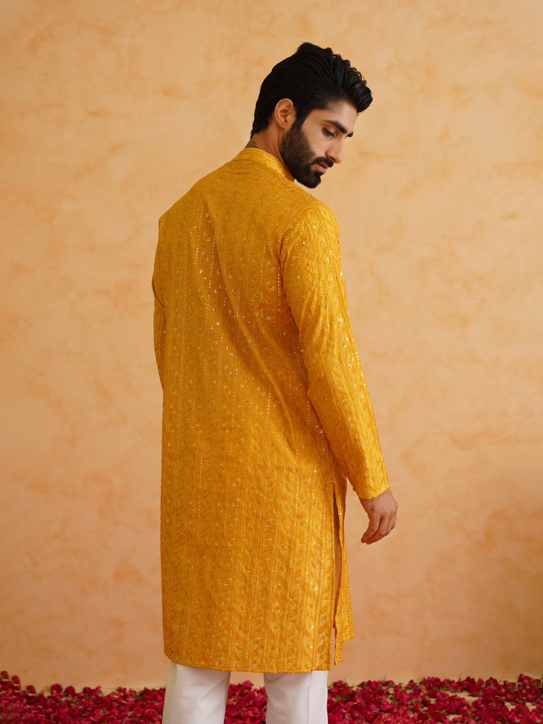 Men's Cotton Silk Mustard Kurta with premium panel embroidery