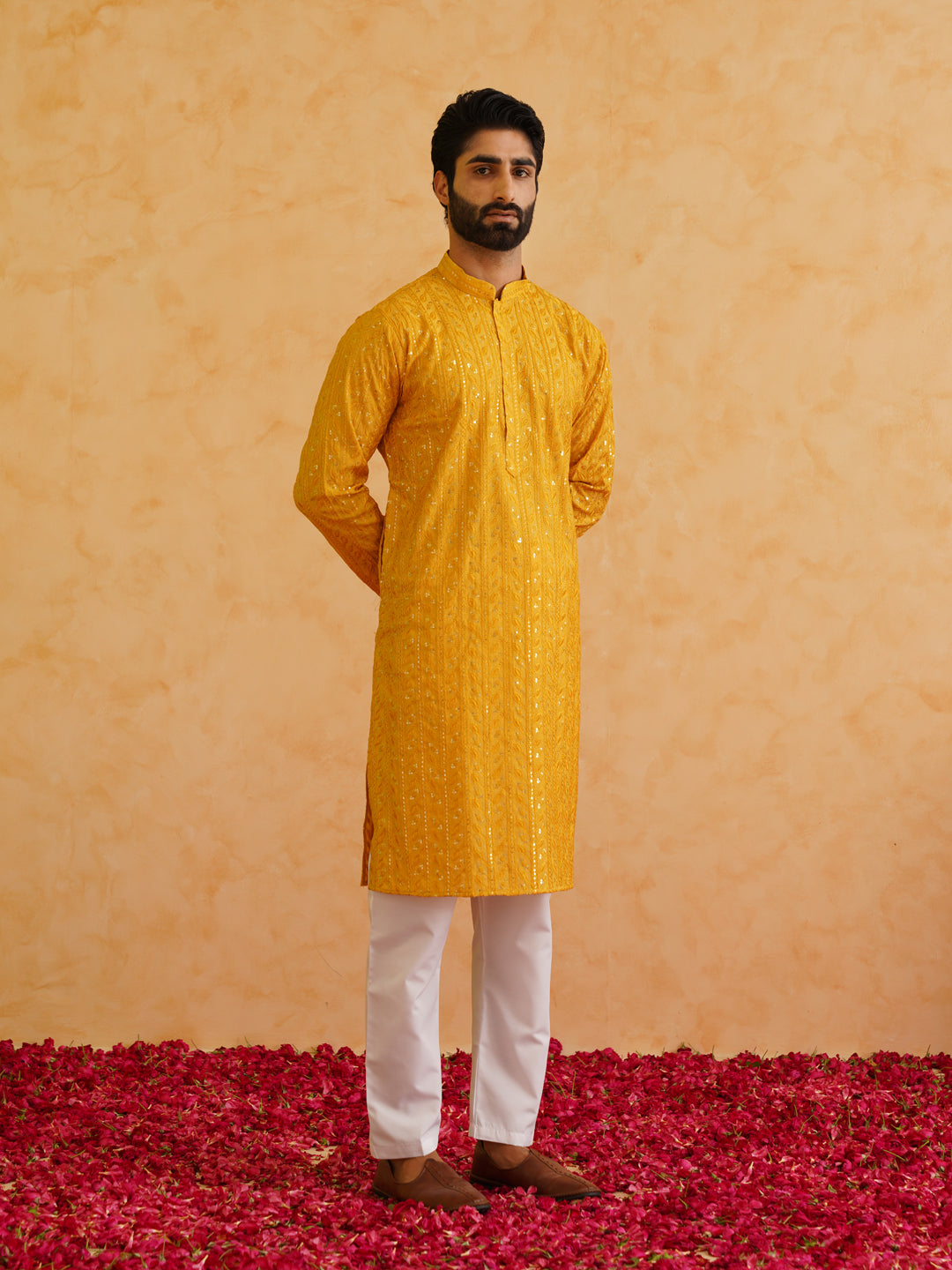 Men's Cotton Silk Mustard Kurta with premium panel embroidery