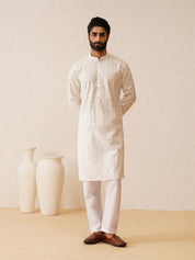 Men's Cotton Silk premium panel embroidery White Kurta with Pyjama