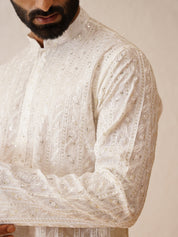 Men's Cotton Silk premium panel embroidery White Kurta with Pyjama