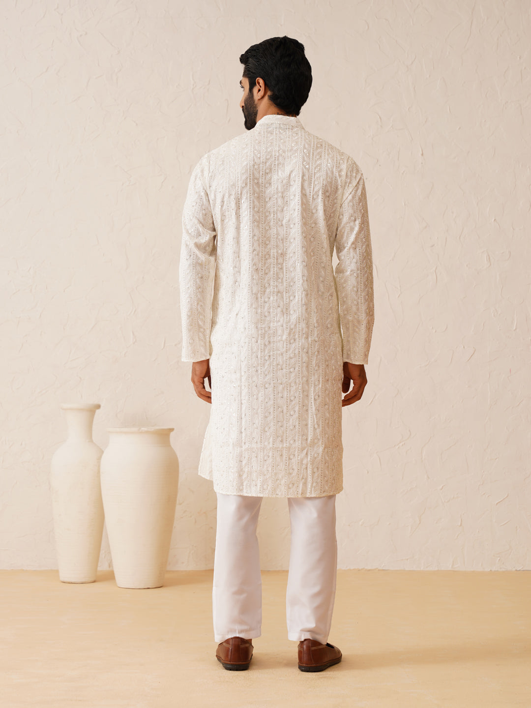 Men's Cotton Silk premium panel embroidery White Kurta with Pyjama