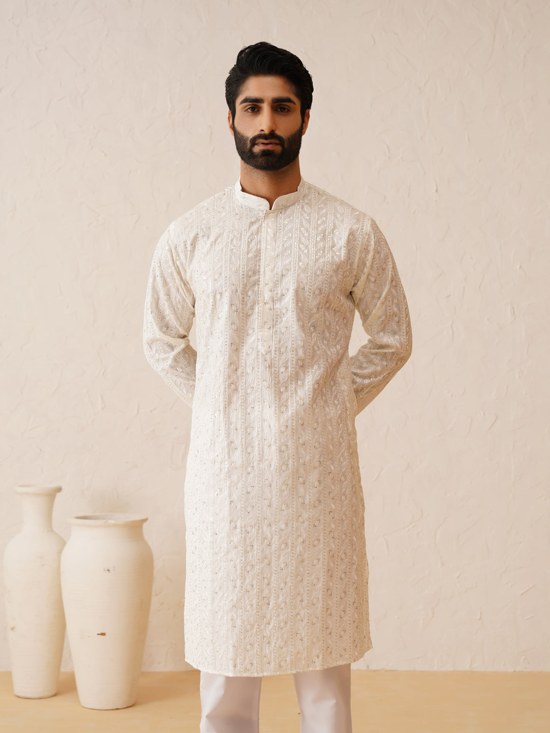 Men's Cotton Silk premium panel embroidery White Kurta with Pyjama