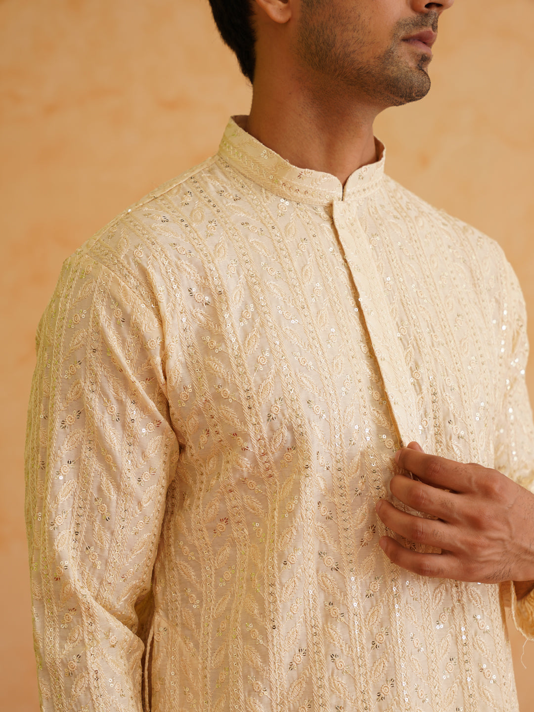 Men's Cotton Silk Beige Kurta with premium panel embroidery