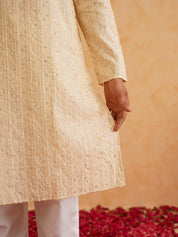 Men's Cotton Silk Beige Kurta with premium panel embroidery