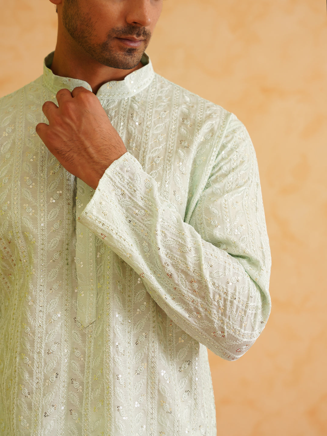 Men's Cotton Silk Sea Green Kurta with premium panel embroidery