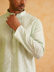 Men's Cotton Silk Sea Green Kurta with premium panel embroidery