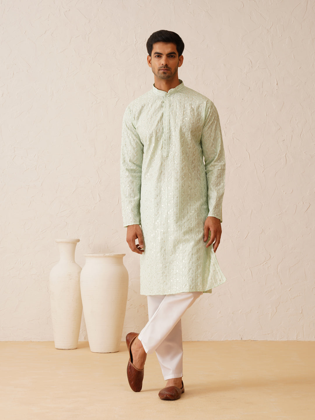 Men's Cotton Silk premium panel embroidery Sea Green Kurta with Pyjama