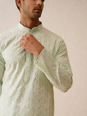 Men's Cotton Silk premium panel embroidery Sea Green Kurta with Pyjama