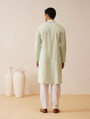 Men's Cotton Silk premium panel embroidery Sea Green Kurta with Pyjama