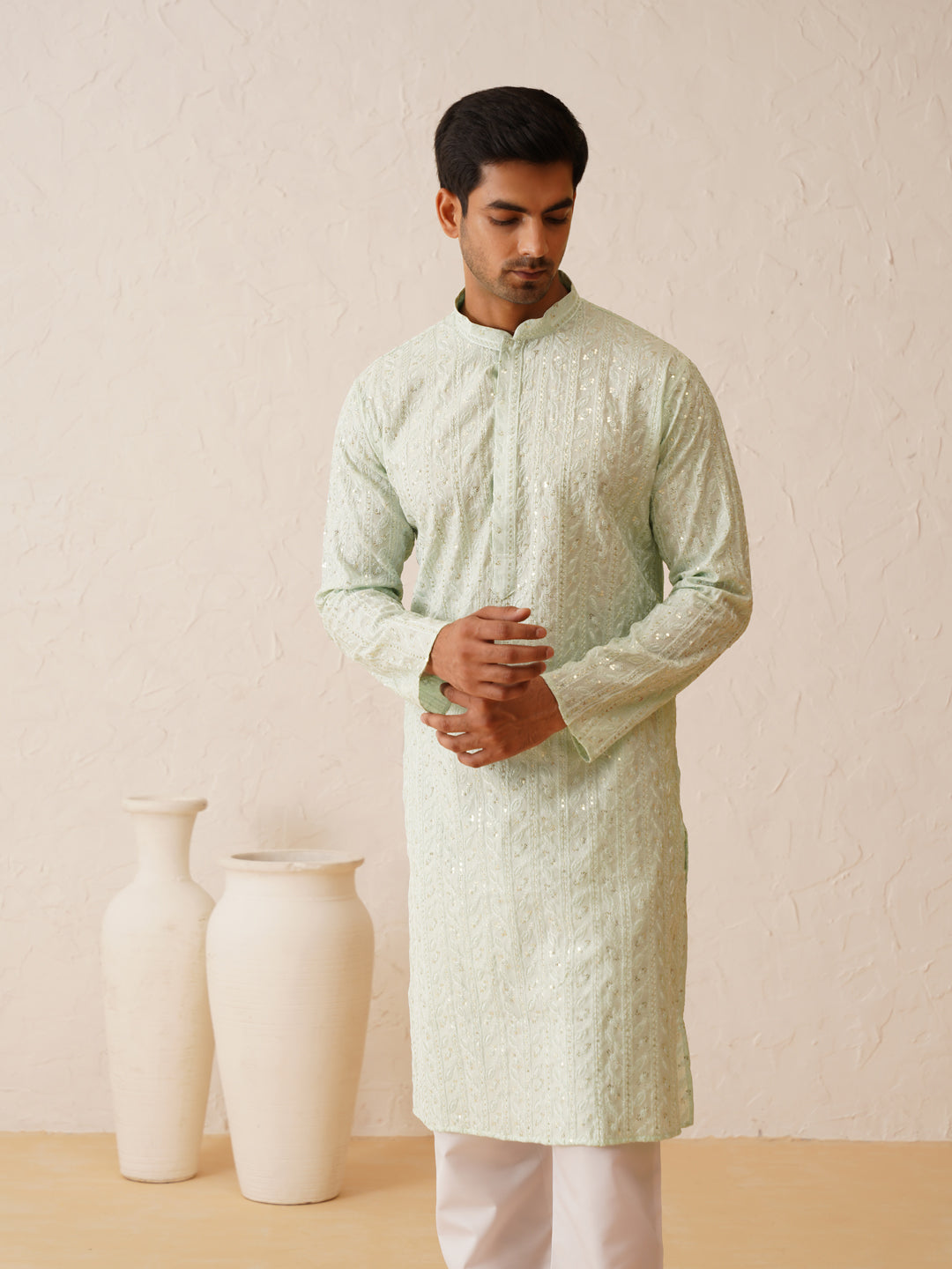 Men's Cotton Silk premium panel embroidery Sea Green Kurta with Pyjama