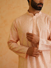 Men's Cotton Silk Peach Kurta with premium panel embroidery