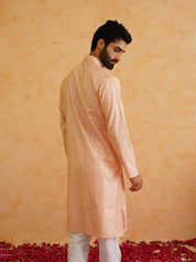 Men's Cotton Silk Peach Kurta with premium panel embroidery