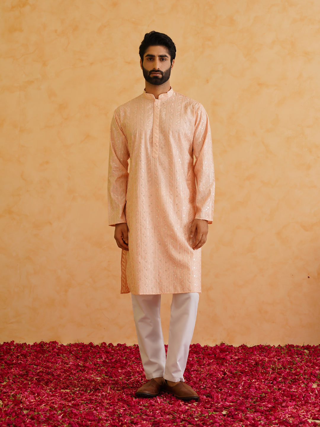 Men's Cotton Silk Peach Kurta with premium panel embroidery