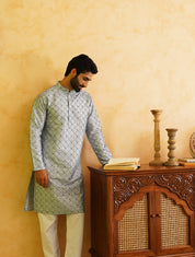 Men's Cotton Silk Heavy Embroidered Blue Kurta