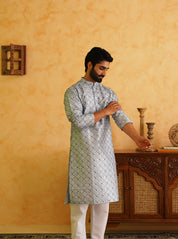 Men's Cotton Silk Heavy Embroidered Blue Kurta