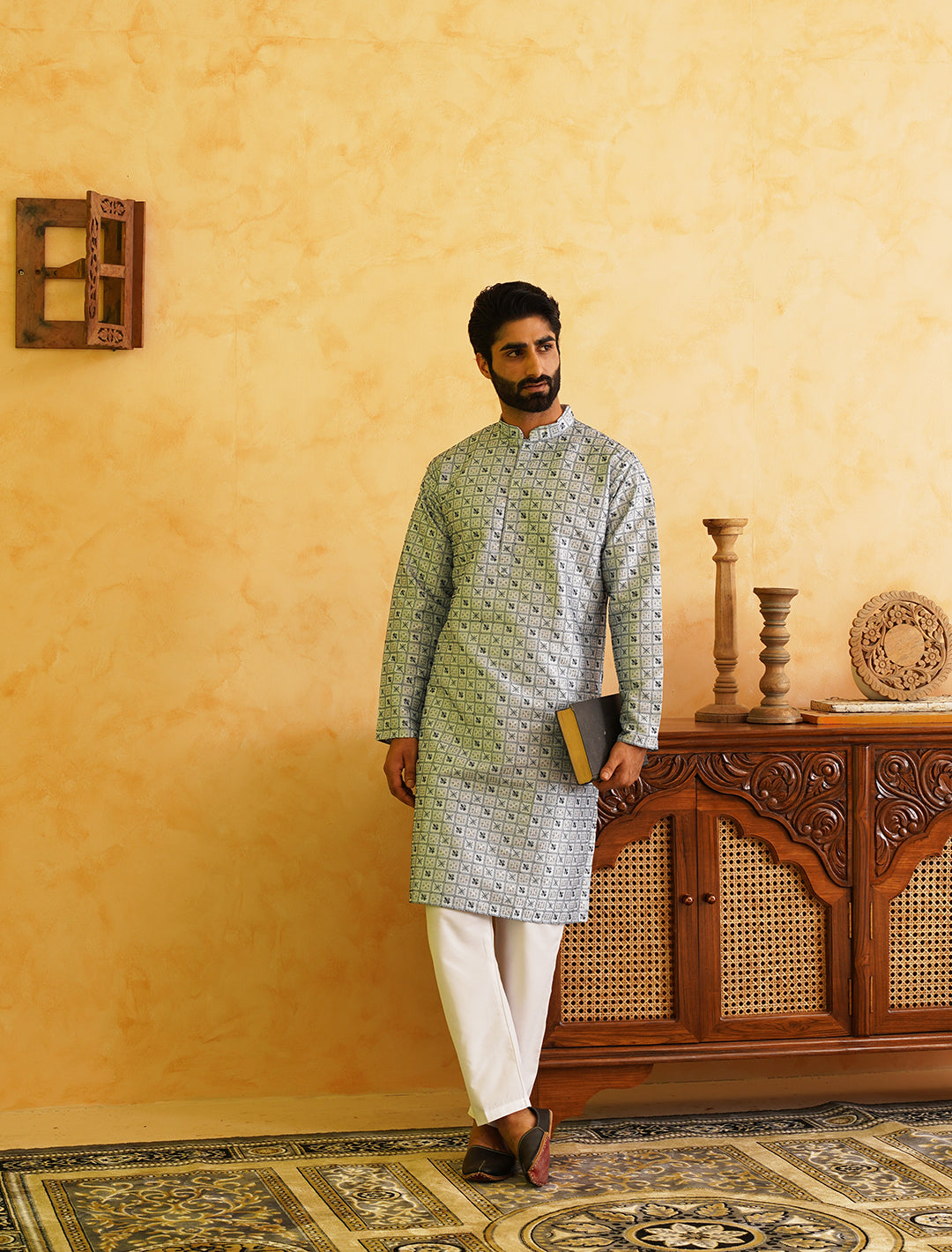 Men's Cotton Silk Heavy Embroidered Blue Kurta