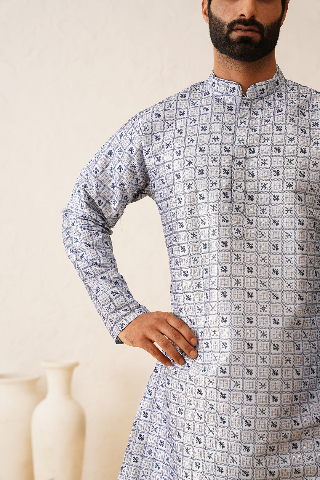 Men's Cotton Silk Heavy Embroidered Blue Kurta with Pyajma