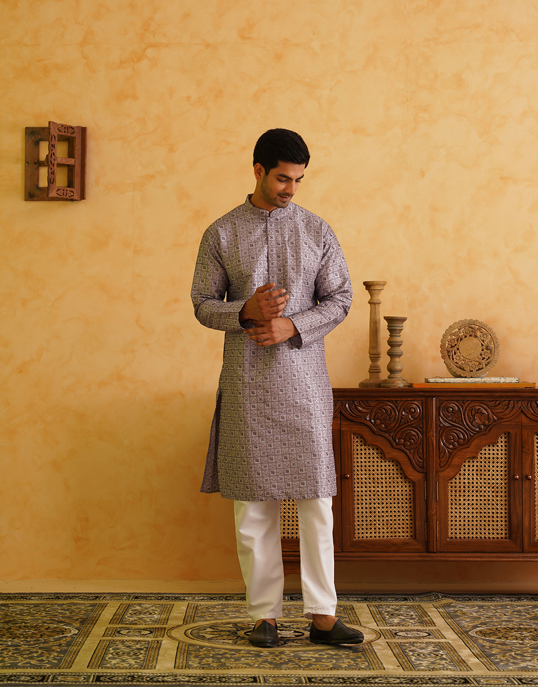 Men's Cotton Silk Heavy Embroidered Purple Kurta