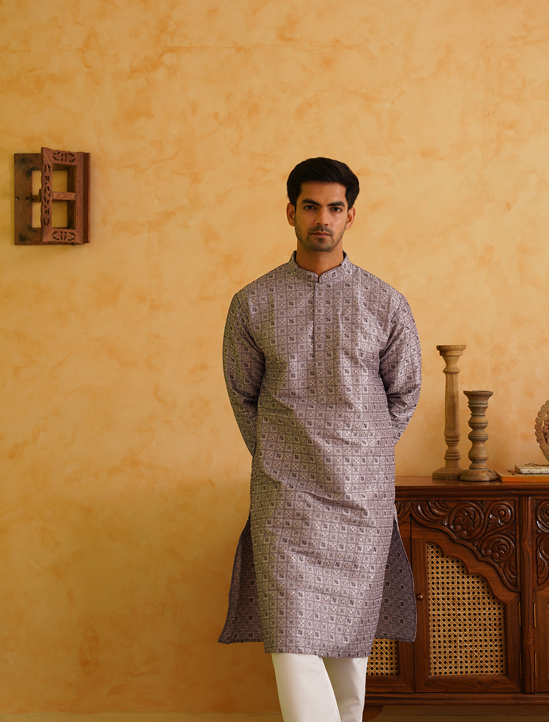 Men's Cotton Silk Heavy Embroidered Purple Kurta