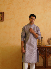 Men's Cotton Silk Heavy Embroidered Purple Kurta