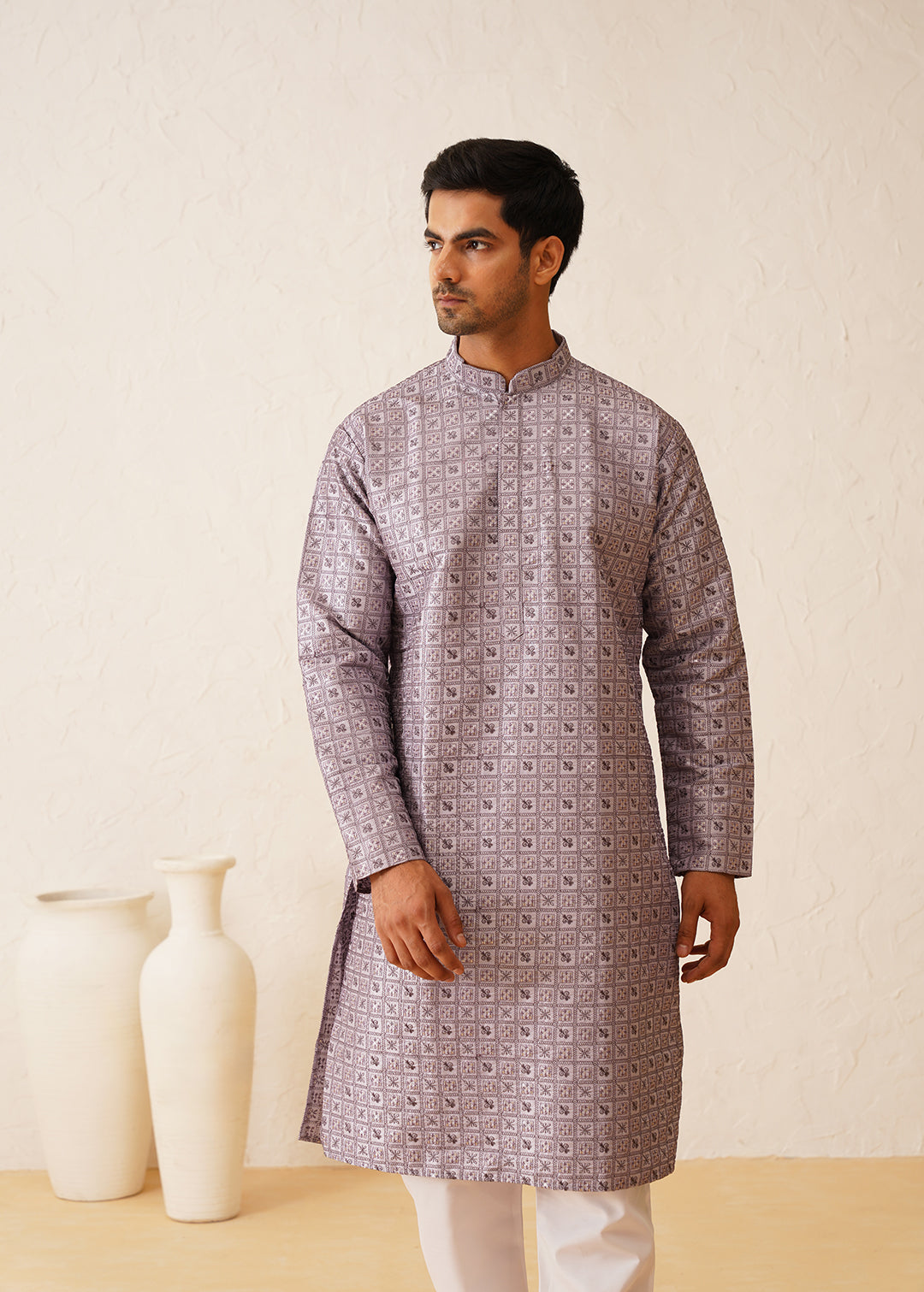 Men's Cotton Silk Heavy Embroidered Purple Kurta with Pyajma