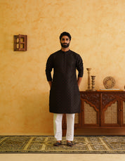 Men's Cotton Silk Heavy Embroidered Black Kurta