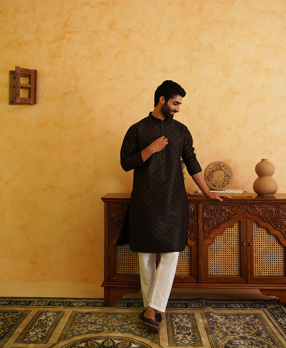 Men's Cotton Silk Heavy Embroidered Black Kurta