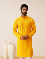 Men's Cotton Embroidered Sequinned Mustard Kurta