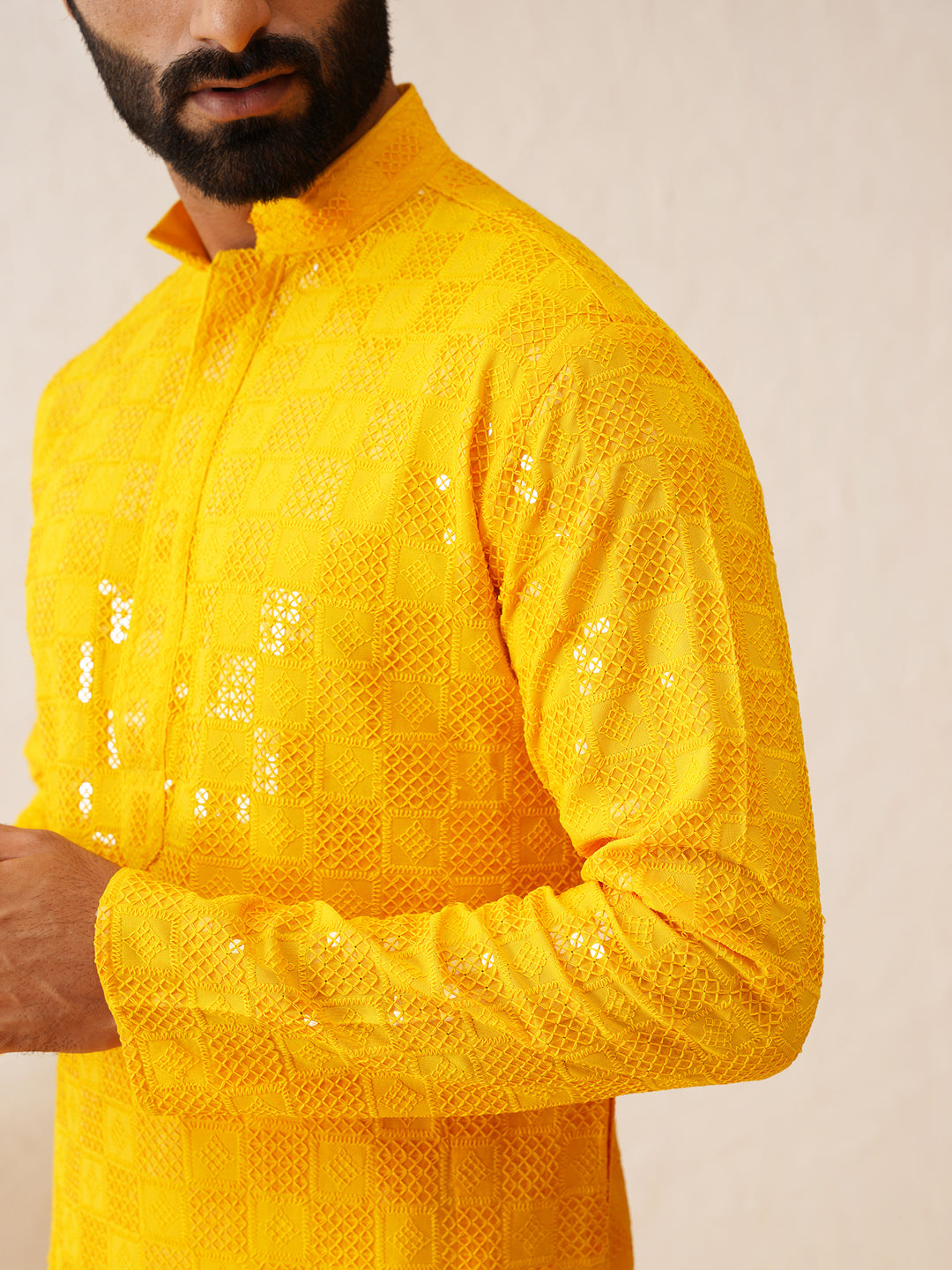 Men's Cotton Embroidered Sequinned Mustard Kurta