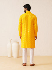 Men's Cotton Embroidered Sequinned Mustard Kurta