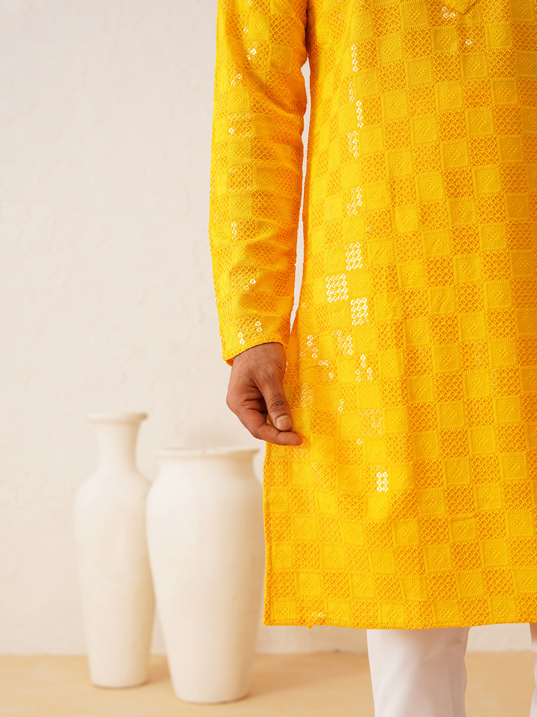 Men's Cotton Embroidered Sequinned Mustard Kurta