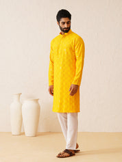 Men's Cotton Embroidered Sequinned Mustard Kurta